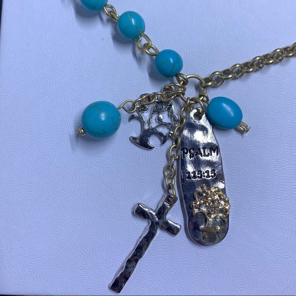 CRAVE Gold and Turquoise Necklace with Cross Psalm 115:15 and Tree of Life Charm